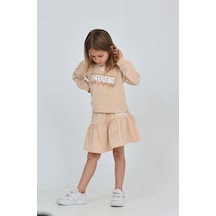 Toontoy Kids Toontoy Kız Çocuk 2'li Takım Baskılı Polo Yaka Düğmeli Düşük Omuz Sweatshirt & Kat Kat Büzgülü Etek Bej