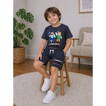 Miniko Kids Erkek Çocuk Mınecraft Desenli Pamuk Şortlu Takım Füme