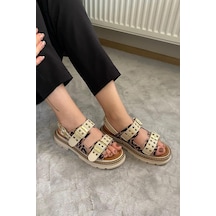 Asmi Shoes Kadın Simya Bej Leopar Çift Bantlı Kapsül Detaylı Kalın Taban Ortopedik Sandalet Bej Leopar Bej