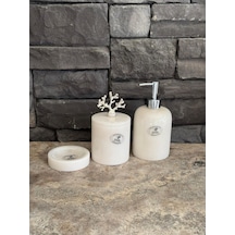 3'lü Set Beyaz Mermer Gümüş Aksesuarlı Sıvı Sabunluk, Makyaj Pamukluk, Katı Sabunluk Beyaz