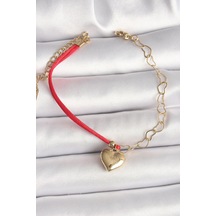 Zarif Kadın İçin Golden Çelik Zincir Kırmızı İp Sallantı Kalp İşli Bileklik Gri