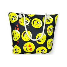 Kadın Çok Amaçlı Büyük Boy İçi Astarlı Fermuarlı Siyah Renkli Emoji Desenli Örgülü Yumuşak Saplı Deniz Plaj El Ve Omuz Çantası Sarı