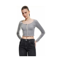 Koton Çıt Çıt Düğmeli Yuvarlak Yaka Uzun Kollu Slim Fit Crop Tişört Gri 5sak50362ek Gri