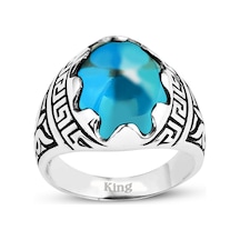 Kuyumcudukkani Düz Oval Kubbe Kesim Taşlı Gümüş Erkek Yüzük-60003-w-blu 23 Beyaz