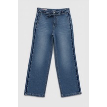 Blue White Kadın Yüksek Bel Kemerli Wide Leg Jean Pantolon Mavi