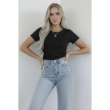 Hashtag Kadın Bisiklet Yaka Kısa Kollu Body Basic Tişört Viskon Kumaş Siyah