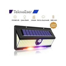 190 Smd Led Solar Bahçe Lambası - 4 Modlu Çakar Efektli Hareket Sensörlü Dış Mekan Aydınlatma