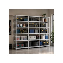 6 Katlı 3'lü Galvaniz Çelik Raf - Depo, Arşiv, Kiler, Dosya, Market Rafı 31x180cm-200 Cm-0.70 Mm Gri