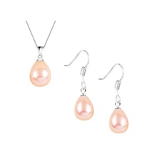 Pembe İnci Damla Küpe - Kolye Gümüş Set Kancalı Model