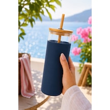 Bambu Pipetli Cam Bardak 550 Ml Silikon Kılıflı Kahve Bubble Tea Ve Su Şişesi - Mavi