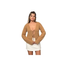 Kechi Woman Sakallı Bağlamalı Camel Renk Triko Hırka Çok Renkli