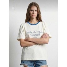 Yazılı Triko Yaka Oversize T-shirt Beyaz
