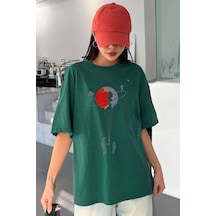Unisex Evren Temalı Baskılı T-shirt Yeşil