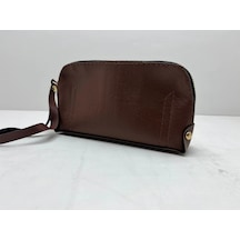 Deri Kumaş Kahve Renk 17x10 Cm Takı-makyaj Fermuarlı Çantası