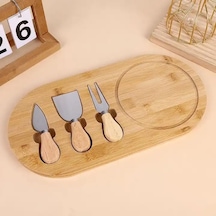 Bambu Peynir Sunum Tabağı, 3 Parça Peynir Bıçağı Ve Çatalı Seti, Toplam 4 Parça, Doğal Ve Şık Peynir Tabağı, Kaliteli Sunum Seti 34x20 Cm Ebatlarında Çok renkli