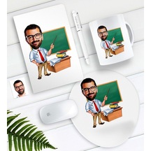 Kişiye Özel Bay Öğretmen Karikatürlü Defter Kalem Kupa Mouse Pad Seti