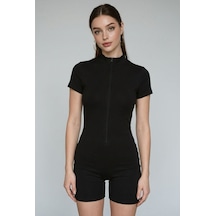 Madmext Siyah Slim Fit Fermuarlı Şort Tulum Mg2794
