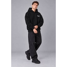 Genel Markalar Unisex Oversize Pikeli Double Face Kapüşonlu Sweatshirt Siyah