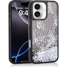 Mobilteam Apple iPhone Uyumlu 16 Kılıf Sıvılı Simli Kelebek Baskılı Şeffaf Arka Yüzey Glis Silikon Siyah