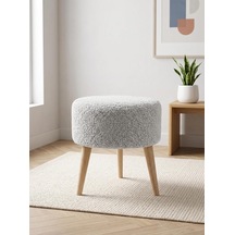 Yuvarlak Welsoft Tüylü Puf Koltuk - 40 Cm Naturel Ahşap Ayaklı Makyaj Ve Ayak Uzatma Pufu - Açık Gri Çok Renkli