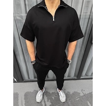 Barlashive Erkek Yarım Fermuarlı Kısa Kol T-shirt - Siyah Çok Renkli