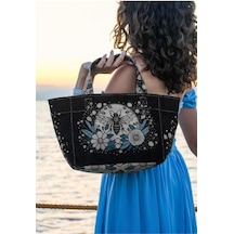 Kadın Vegan Deri Siyah Medium Tote Bag - Bee With Flowers Tasarım Siyah