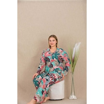 Modenya Büyük Beden Renkli Yaprak Desenli Düğmeli Uzun Kol Viskon Pijama Takımı Beyaz