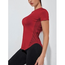 Kadın Dry Fit Running Yoga Hızlı Kuruma Nem Emici Yanları Fileli Hava Alabilen Spor T-shirt 001 Kırmızı
