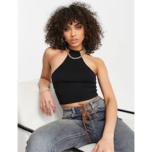 Liona Kadın Halter Yaka Siyah Crop Top Bluz 001