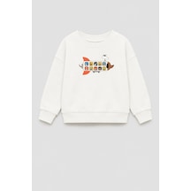 Monila Erkek Çocuk 3 İplik Kumaş Pamuklu Uçak Baskılı Sweatshirt Ekru