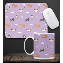 Kedili Kupa & Kedi Figürlü Mor Renk Mouse Pad 23x19cm Fare Altlığı Kaydırmaz Taban De582 Ofis Hediyesi