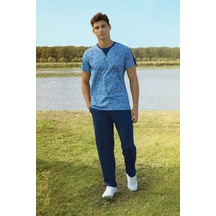 DOREANSE Erkek Mavi Desenli Yaka Detaylı T-Shirt Pijama Takımı 4913