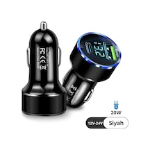 Siyah Araç İçi Usb 3.0 Type C 20w Soketli Çakmaklık Güç Adaptörü Tüm Cihazlar 12v-24v