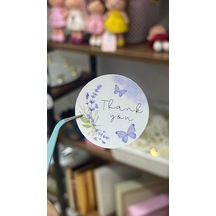 Thank You Yazılı Mor Çiçekli Hediye Paketi Süsleme Etiketi 4x4 Cm 24 Adet- Arletikettasarım Beyaz