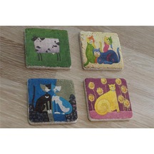 Sevimli Kediler Ve İnek Doğal Taş Bardak Altlığı 4'lü Set - Natural Stone Coasters - Taş Çok Renkli