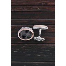 Gümüş Siyah Zirkon Taşlı Oval Kol Düğmesi -5769 Gümüş