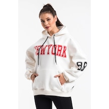 Startmore Caya Kadın Ekru Renk Baskı Detaylı Oversize Sweatshirt Cy84191 Beyaz Beyaz
