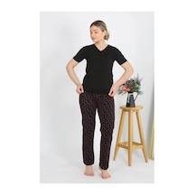 İkikareshop Kadın Kısa Kol Pamuk Penye Pijama Takım Siyah Çok Renkli