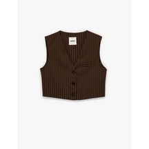 Koton Düğmeli V Yaka Crop Çizgili Blazer Yelek Kahverengi Çizgili 6sak20032pw Kahve Çizgili
