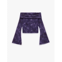 Koton Omuzu Açık Uzun Kollu Slim Fit Batik Desenli Tişört Mor Desenli 6wal10624ık Mor Desenli
