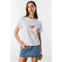 Kadın Cocktail Baskı Desenli Kısa Kollu Organik Pamuklu Bisiklet Yaka Crop T-shirt Cocktaıl-t-shırt Beyaz