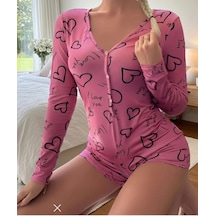 Bicomi Pamuklu Pembe Siyah Kalp Desenli Düğmeli Uzun Kol Tulum Pijama Pembe