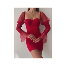 Rabia Çelik Full Drape Detaylı Tül Kumaş Kırmızı Elbise Kırmızı Kırmızı