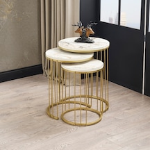 Metal Ayak Mermer Desen Üçlü Gold Sehpa