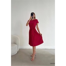 DefyModa Kadın Şık Detay Krep Kumaş Bisiklet Yaka Kuşaklı Kısa Kollu Elbise Fuşya