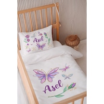 %100 Pamuk Saten Isme Özel Isimli 100x150 Bebek Yatak Nevresim Seti Mor Kelebekler