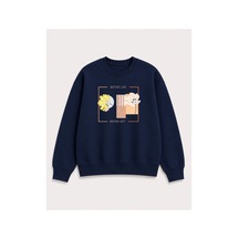 Herkesemoda Better Life Baskı Detaylı Bisiklet Yaka Şardonlu 2 İplik Sweatshirt Lacivert