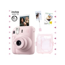 Fujifilm Instax Mini 12 Fotoğraf Makinesi + 20'li Film + Kıskaçlı Resim Standı + Simli Pleksi Kılıf Seti Pembe