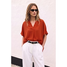 Sateen Geniş Kısa Kollu Bluz - Mercan-137799