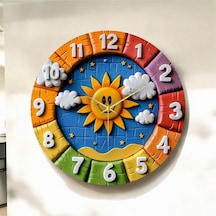 AA Shop Renkli Baskı Güneş Çocuk Desenli Sayılı Hediyelik Ahşap Sessiz Duvar Saati 50cm ÇOk Renkli